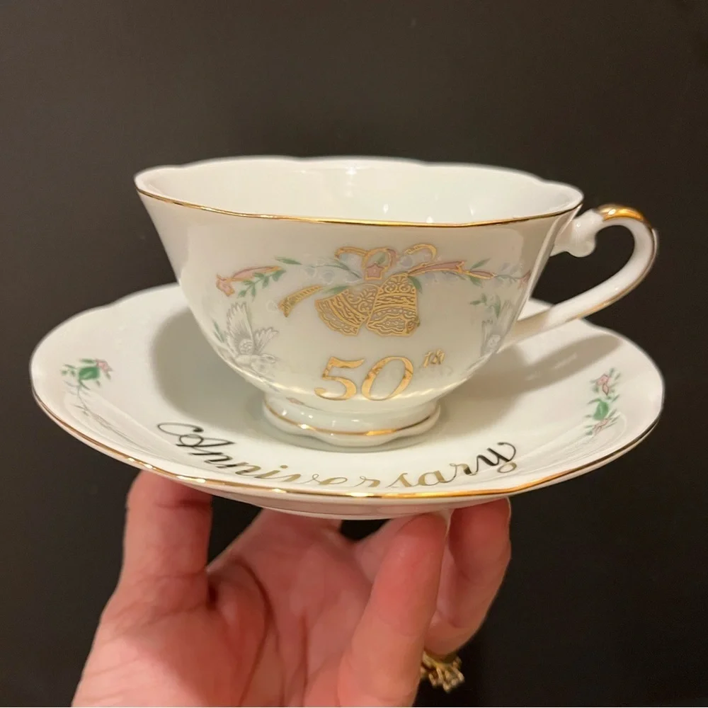 Vintage 1984 Lefton 50th Anniversary Teacup and Saucer Made in Japan